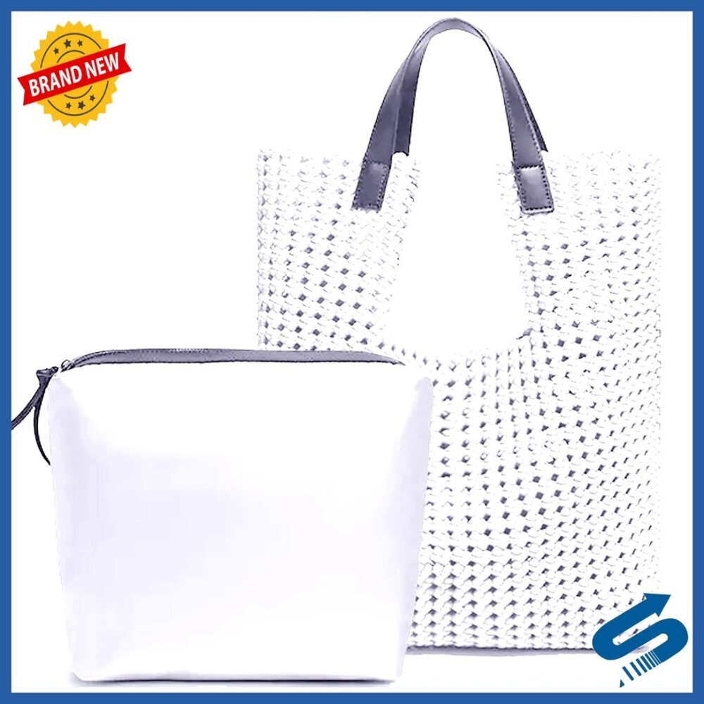 Leather Satin Woven Tote Bag Set with Hollow Out Handbag and Clutch